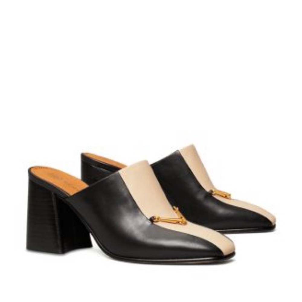 Tory Burch Women's Equestrian Link High Heel Mules 8.5 black and cream